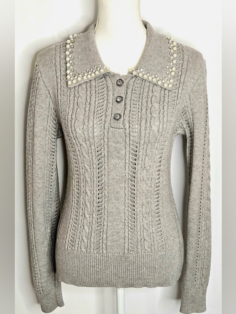Belladinni Gray Pearl Rhinestone Collar Cable Pointelle Knit Sweater NWOT M